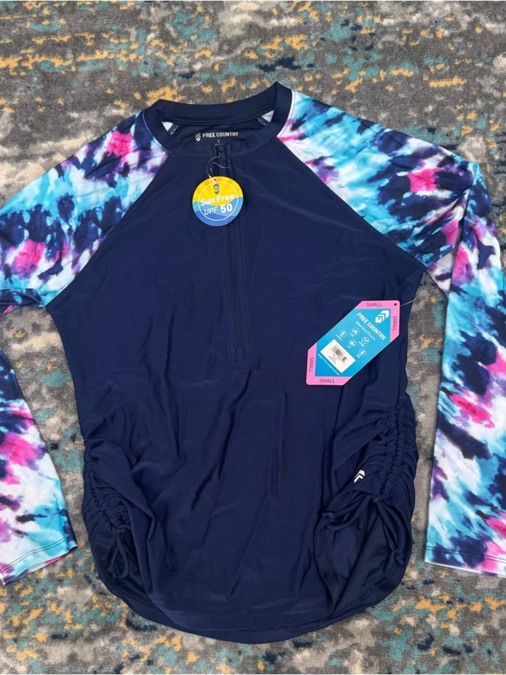 Free Country Navy Swim Top with Blue-Purple-Pink Tie-Dye Sleeves